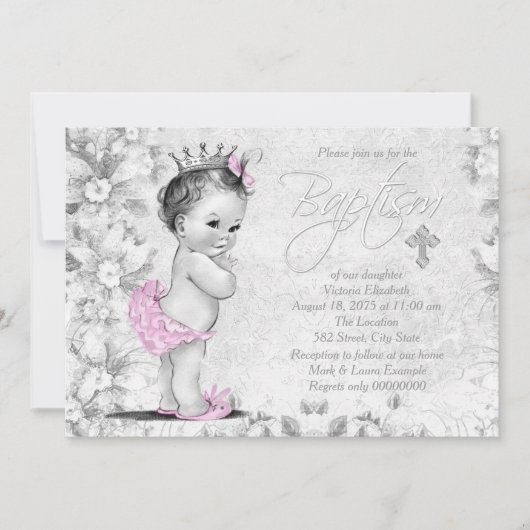 愛らしいヴィンテージピンクとグレーの洗礼 招待状 (正面)