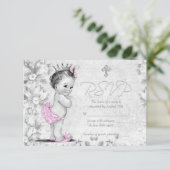 愛らしいヴィンテージピンクとグレーバプテスマRSVP 出欠カード (スタンド正面)