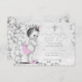 愛らしいヴィンテージピンクとグレーバプテスマRSVP 出欠カード (正面/裏面)