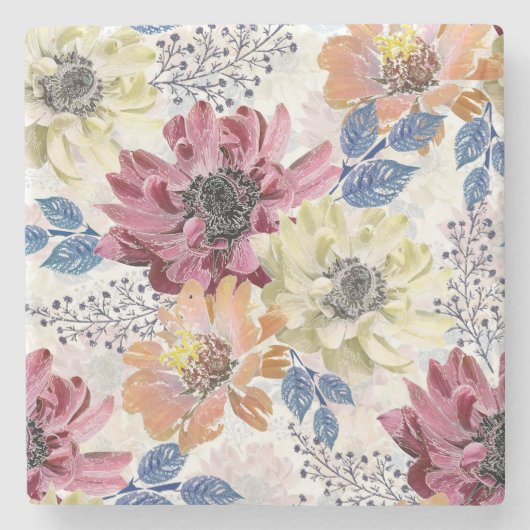 愛らしいヴィンテージピンクのオレンジ色の菊 ストーンコースター (正面)