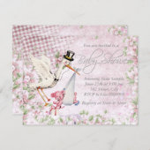 愛らしいヴィンテージピンクストークベビーシャワー 招待状 (正面/裏面)