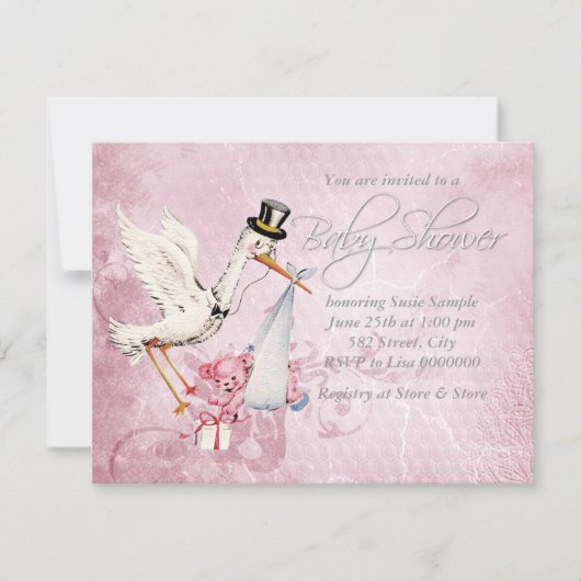 愛らしいヴィンテージピンクストークベビーシャワー 招待状 (正面)