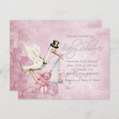 愛らしいヴィンテージピンクストークベビーシャワー 招待状 (正面/裏面)