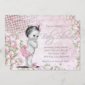 愛らしいヴィンテージピンクベビーシャワー 招待状 (正面/裏面)
