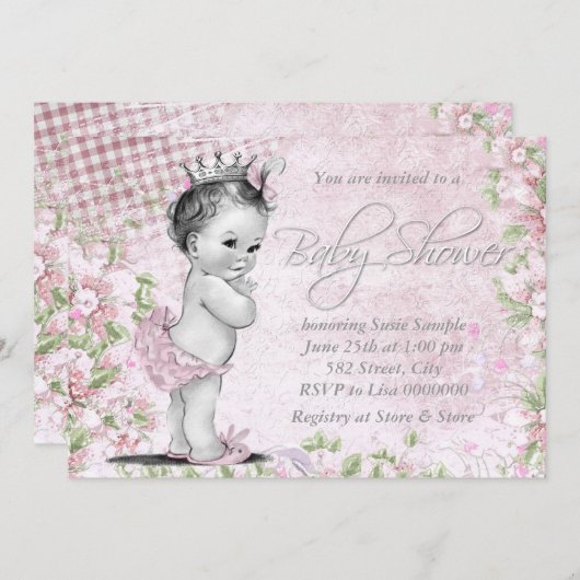 愛らしいヴィンテージピンクベビーシャワー 招待状 (正面/裏面)