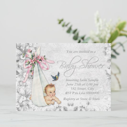 愛らしいヴィンテージホワイトベビーシャワー 招待状 (スタンド正面)