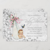 愛らしいヴィンテージホワイトベビーシャワー 招待状 (正面/裏面)