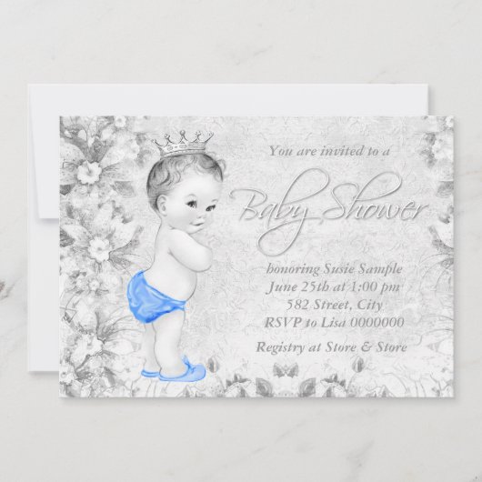 愛らしいヴィンテージボーイズ青と灰色の赤ちゃんシャワー 招待状 (正面)