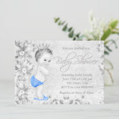 愛らしいヴィンテージボーイズ青と灰色の赤ちゃんシャワー 招待状 (スタンド正面)