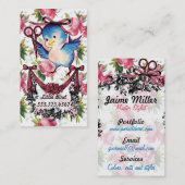 愛らしいヴィンテージ鳥はさみ美容師フローラ 名刺 (正面/裏面)