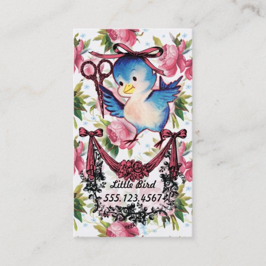 愛らしいヴィンテージ鳥はさみ美容師フローラ 名刺 (正面)