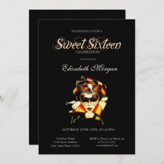 愛らしいヴェネツィアンマスクブラックスウィート16招待状 招待状 (正面/裏面)