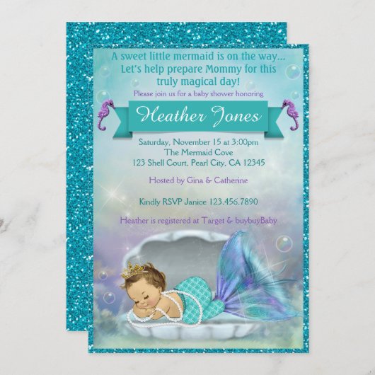 愛らしい人魚のベビーシャワー招待状#130 招待状 (正面/裏面)