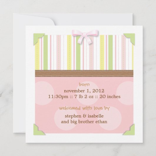 愛らしい写真フレームの女の赤ちゃんの誕生の発表 案内状 (裏面)