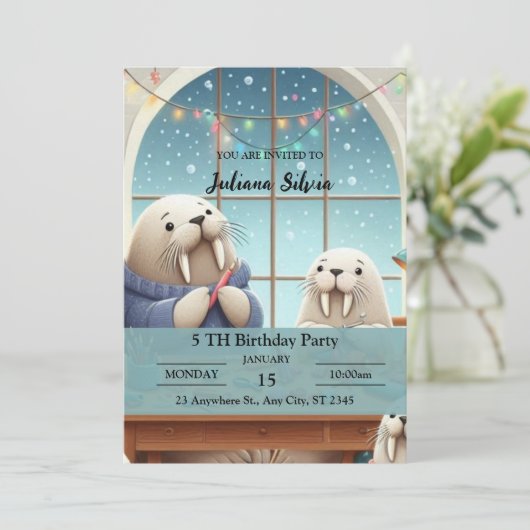 愛らしい冬のセイウチ誕生日パーティーの招待状 招待状 (スタンド正面)