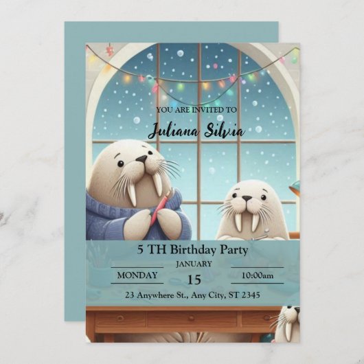 愛らしい冬のセイウチ誕生日パーティーの招待状 招待状 (正面/裏面)