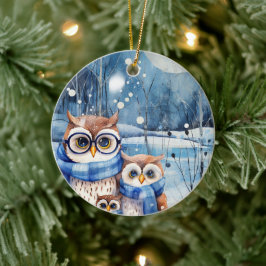 愛らしい冬のフクロウ家族クリスマスの飾り セラミックオーナメント