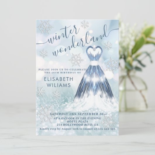 愛らしい冬のワンダーランドグリッターグラデーションスウィート16 招待状 (スタンド正面)