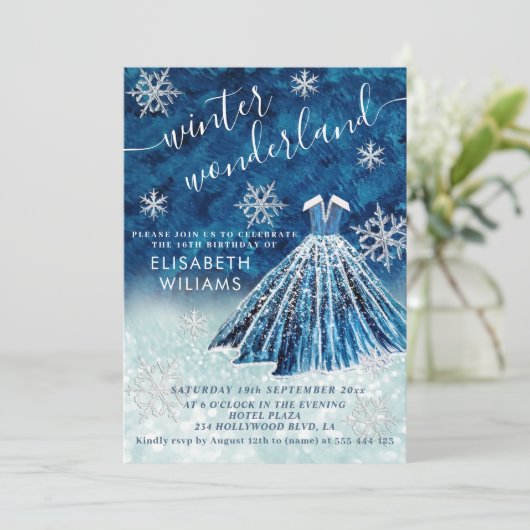 愛らしい冬のワンダーランドグリッターグラデーションスウィート16 招待状 (スタンド正面)
