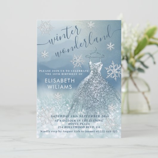愛らしい冬のワンダーランドグリッターグラデーションスウィート16 招待状 (スタンド正面)