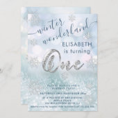 愛らしい冬のワンダーランドグリッター第一誕生日 招待状 (正面/裏面)