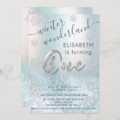 愛らしい冬のワンダーランドグリッター第一誕生日 招待状 (正面/裏面)