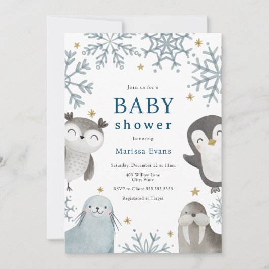 愛らしい冬の動物ベビーシャワー招待状 招待状 (正面)