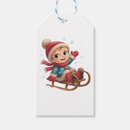 愛らしい冬の子とクリスマススレッドライド ギフトタグ (正面)