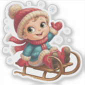 愛らしい冬の子とクリスマススレッドライド シール (正面)
