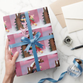 愛らしい冬の雪景色と子ども – ピンク ラッピングペーパー