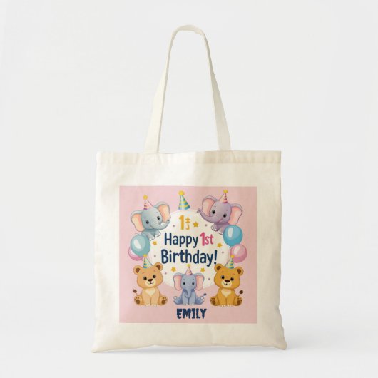 愛らしい動物たちHappy 1st誕生日 トートバッグ (正面)