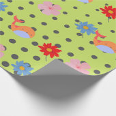 愛らしい動物と花の緑パーティー ラッピングペーパー (角)