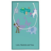 愛らしい動物の友人赤ちゃんシャワーターコイズ スモールペーパーバッグ (裏面)