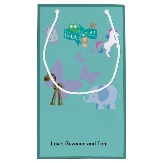 愛らしい動物の友人赤ちゃんシャワーターコイズ スモールペーパーバッグ (裏面)