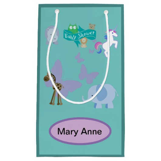 愛らしい動物の友人赤ちゃんシャワーターコイズ スモールペーパーバッグ (正面)