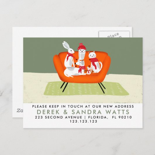 愛らしい動物の引っ越しました，犬，猫，フクロウ， 案内ポストカード (正面/裏面)