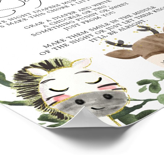 愛らしい動物の赤ちゃんシャワー夜遅くのおむつサイン ポスター (角)