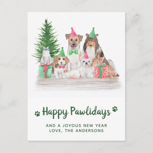 愛らしい動物ドッグキャットワン子猫クリスマス シーズンポストカード (正面)