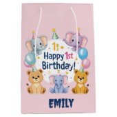 愛らしい動物ハッピー1歳の誕生日抱き枕 ミディアムペーパーバッグ (正面)