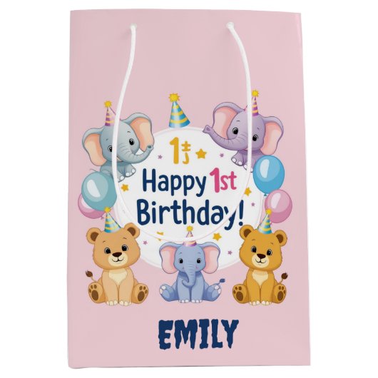 愛らしい動物ハッピー1歳の誕生日抱き枕 ミディアムペーパーバッグ (正面)