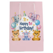 愛らしい動物ハッピー1歳の誕生日抱き枕 ミディアムペーパーバッグ (裏面)