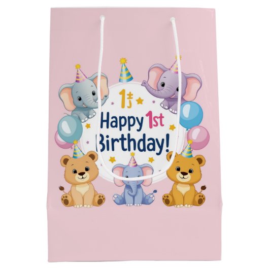 愛らしい動物ハッピー1歳の誕生日抱き枕 ミディアムペーパーバッグ (裏面)