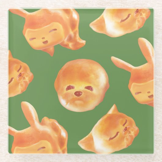 愛らしい動物型パン柄 ガラスコースター (正面)
