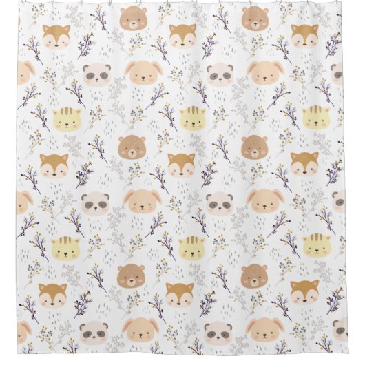 愛らしい動物頭及び花柄 シャワーカーテン (正面)