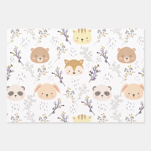 愛らしい動物頭及び花柄 ラッピングペーパーシート (正面3)