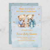 愛らしい双子の赤ちゃん男の子のお知らせカード 招待状 (正面/裏面)