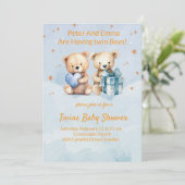 愛らしい双子の赤ちゃん男の子の発表カード 招待状 (スタンド正面)