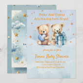 愛らしい双子の赤ちゃん男の子の発表カード 招待状 (正面/裏面)