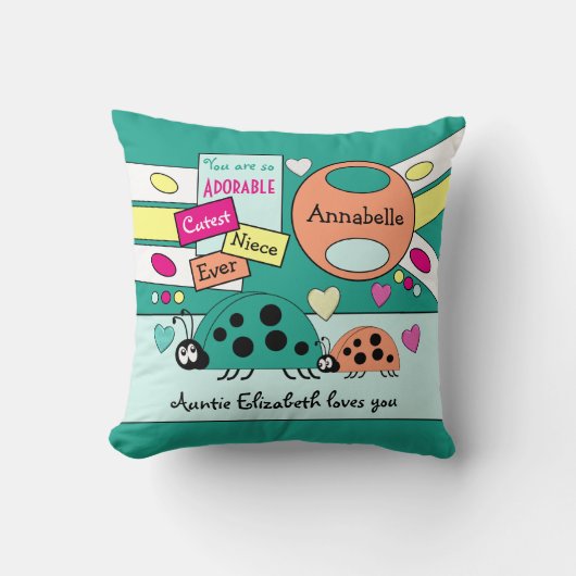 愛らしい可愛らしい姪のレディーバググリーンオレンジ クッション (正面)