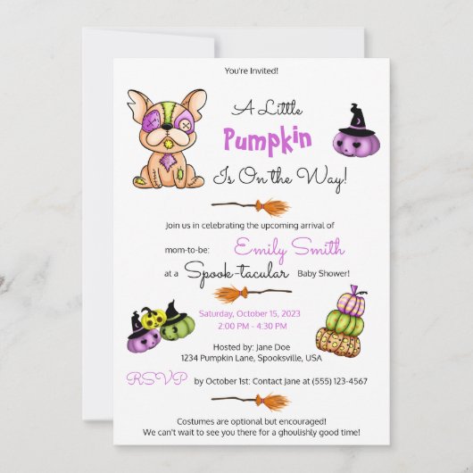 愛らしい可愛らしい犬、カボチャのパッチ赤ちゃんシャワー 招待状 (正面)